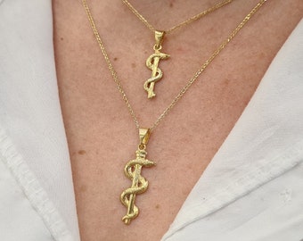 Pendenti con bastone di Asclepio•Oro giallo 14K•Simbolo medico•Ciondolo serpente con simbolo di guarigione, regalo per medici infermieri•Caduceo, simbolo della medicina