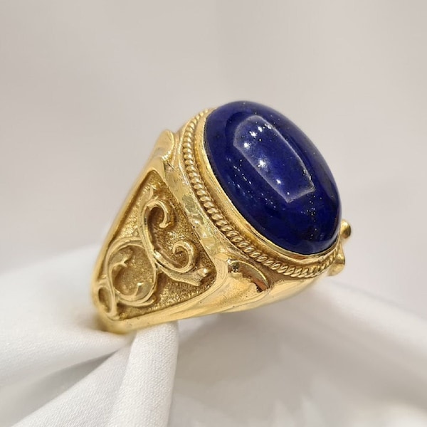 Bague pour homme en lapis lazuli • Or jaune 18 carats fait main • Bague en lapis lazuli • Bague pour homme • Cadeau d'anniversaire • Cadeau pour la fête des pères • Élégant • IrmaJewelleryGR