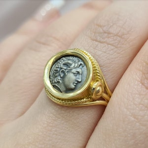 Ancient Greek Alexander The Great Coin Signet Ring • 14K Solid Yellow Gold • Mid-Cenctury • Greek Design• Unisex Ring Gift • IrmaJewelleryGR