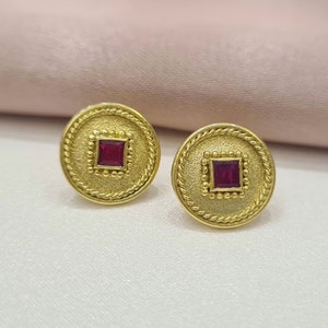 Byzantine Earrings with Ruby • 18K Yellow Gold • Stud Earrings • Greek Earrings • Handmade Greek Jewelry • Gift For Her • IrmaJewelleryGR