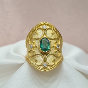 Byzantine Ring With Emerald And Diamonds• 18K Yellow Gold• Anniversary Minimalist Ring• Mothers Day Gift• Jewelry For Her• IrmaJewelleryGR