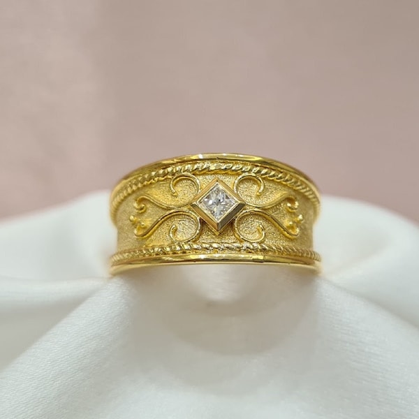 Mat and Shiny Byzantine Ring with Diamond• 18K Handmade Yellow Gold • Byzantine Jewelry • Greek Design Ring • Gift For Her • IrmaJewelleryGR