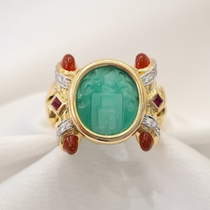 Green Agate Intaglio Chain Ring with Carnelian, Rubies and Diamonds• 18K Handmade Yellow Gold• Unisex Ring• Mens Ring Gift• Fathers Day Gift