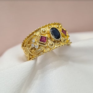 18K Handmade Yellow Gold Byzantine Ring With Rubies, Sapphire and Diamonds • Mothers Day Gift • Multi-Stone Ring • Mid-Cenctury Jewelry