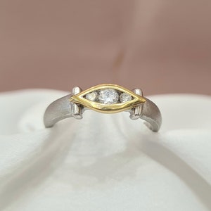 Mat Eye Ring with Daimonds • 18K Handmade Yellow & White Gold • Mothers Day Gift • Wedding Anniversary Gift For Her • Minimalist Jewellery