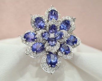 Bague fleur élite avec tanzanite et diamants • Or blanc 18 carats • Cadeau pour la fête des Mères • Bijoux pour cocktail • Bague élégante • Bijoux floraux • Unique