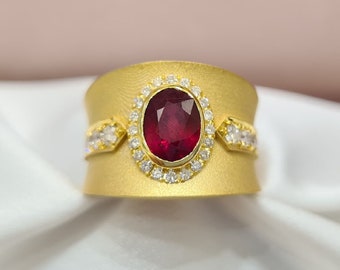 Mat And Shiny Byzantine Ring • Ruby • Diamonds •18K Solid Yellow Gold• Greek Design• Mid-Century •For Her• Mothers Day Gift• IrmaJewelleryGR