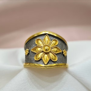 18K Handmade Yellow Gold Byzantine Flower Ring, Byzantine Jewelry, Greek Ring, Black Rhodium Ring,Gold Ring,Mid-Cenctury,Valentines Day Gift