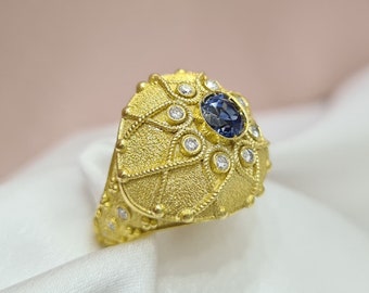 Byzantine Ring with Sapphire And Diamonds • 18K Handmade Yellow Gold • Byzantine Jewelry • Greek Design • Mid-Cenctury • Valentines Day Gift