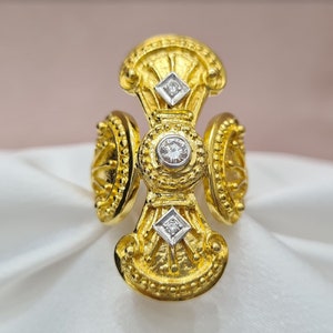 18K Handmade Yellow Gold Byzantine Ring with Diamonds• Byzantine Jewelry• Greek Design Ring• Mid-Cenctury• Mothers Day Gift• Elite Jewellery