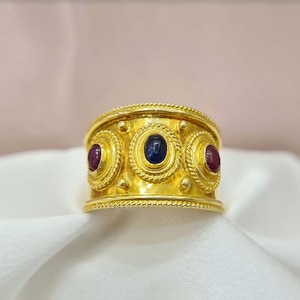 Byzantine Hammered Ring with Sapphire and Rubies • 18K Handmade Yellow Gold • Mothers Day Gift • Jewelry Gifts For Her • Mid-Cenctury Ring
