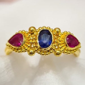 18K Handmade Yellow Gold Byzantine Ring With Rubies And Blue Sapphire, Byzantine Jewelry, Greek Ring, Gift Ring, Gold Ring, Mid-Cenctury