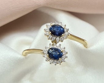 14K Handmade Yellow Gold Ring With Blue Sapphires And Zirconia, Anniversary Ring, Wedding Ring, Birthday Present, Christmas Gift, Best Gift