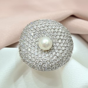 14K Handmade White Gold Ring With White Pearl And Zirconia, Wedding Ring, Engagement Ring, Anniversary, Birthday Present, Best Gift Ever