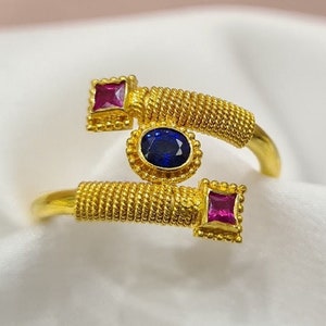 18K Handmade Yellow Gold Byzantine Ring With Rubies And Blue Sapphire, Byzantine Jewelry, Greek Ring, Gift Ring, Gold Ring, Mid-Cenctury