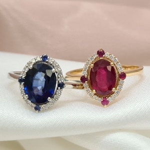 18K Handmade White Gold Blue Sapphire And Yellow Gold Ruby Rings With Diamonds, Wedding Ring, Engagement, Valentines Day Gift, Mothers Day