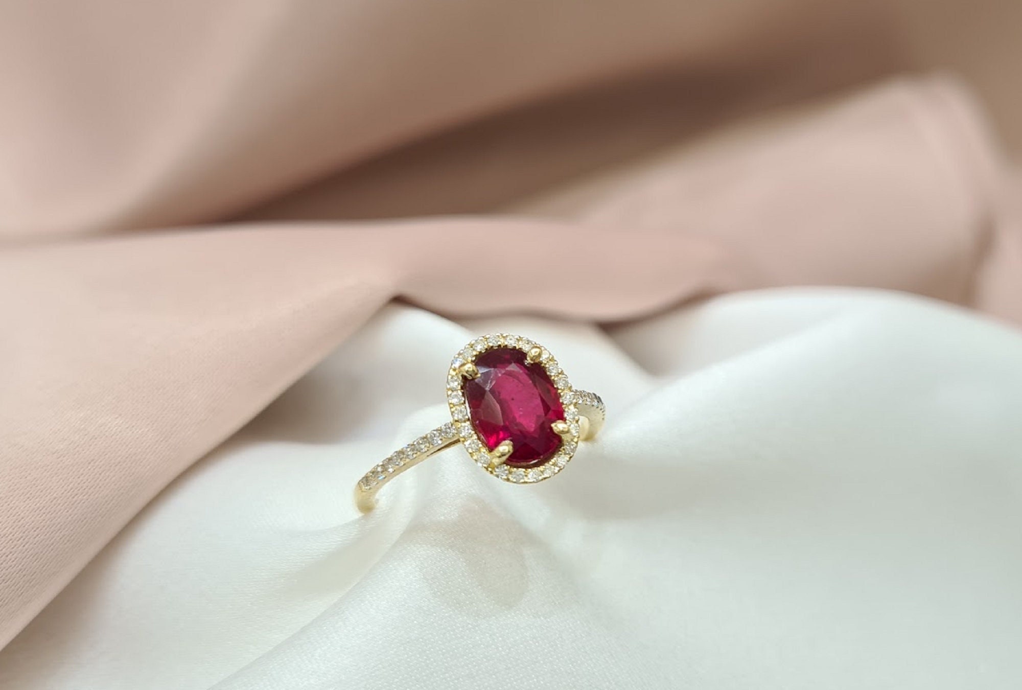 18K Handmade Yellow Gold Ring With Ruby And Diamonds, Wedding Ring, Engagement Ring,Anniversary, Birthday Present, Valentines Gift, For Her