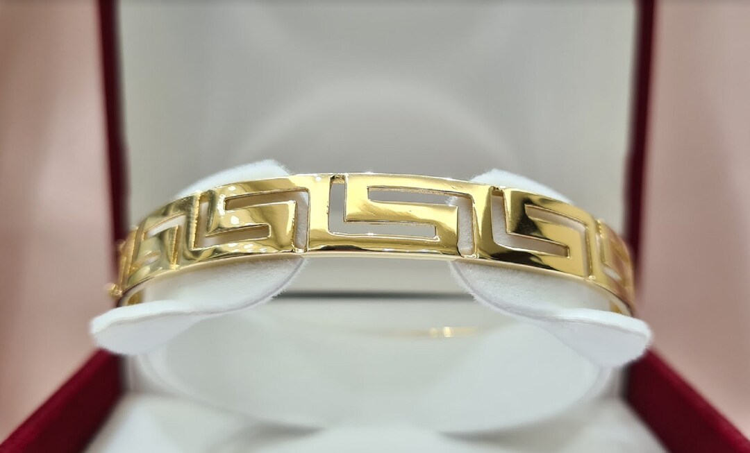 Meander Bangle Bracelet • 14K Solid Yellow Gold • Gold Greek Key ...