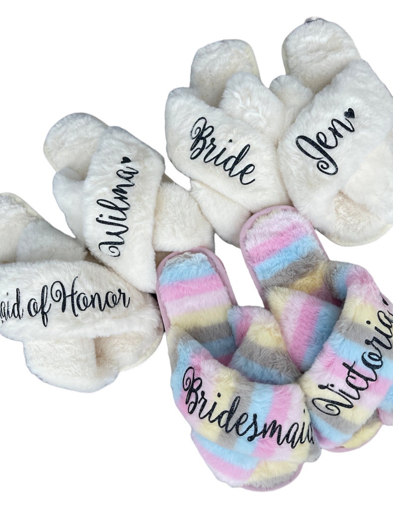 Fluffy Slippers Customized, Bridesmaid Gifts, Personalized Slippers, Bridesmaid Slippers, Soft Slippers, Bridal Party Slippers Personalized image 6