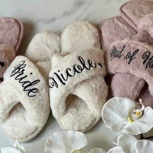 Bridesmaid Gift, Personalized Slippers, Bridal Party Gift, Wedding Fluffy Slippers, Bridesmaid Slippers, Bachelorette Party Slippers image 4