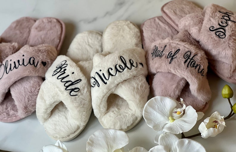 Bridesmaid Gift, Personalized Slippers, Bridal Party Gift, Wedding Fluffy Slippers, Bridesmaid Slippers, Bachelorette Party Slippers image 4