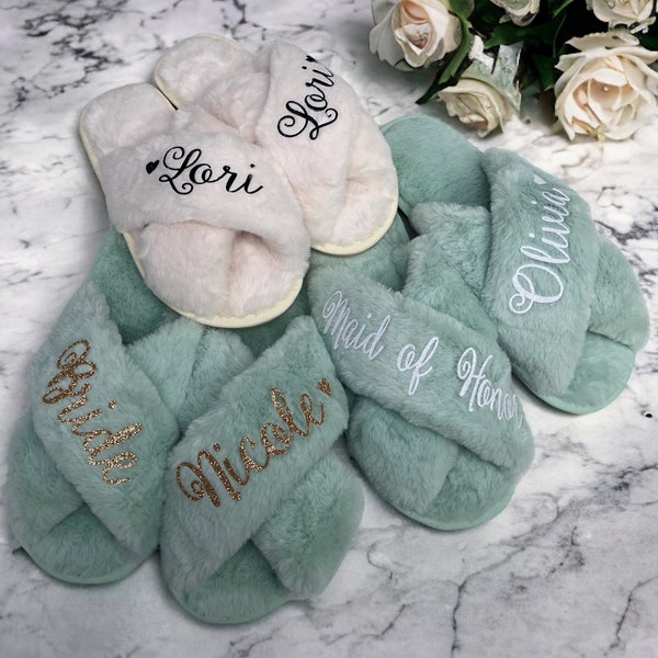 Fluffy Slippers Customized Gift, Bridesmaid Gift, Personalized Slippers, Gift for Her, Wedding Fluffy Slippers, Bridal Gift, Birthday Gift