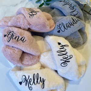 Custom Fluffy Slippers, Bridesmaid Gifts, Personalized Slippers, Bachelorette Gift, Wedding Fluffy Slippers, Bridal Party Gift, Bride Gifts