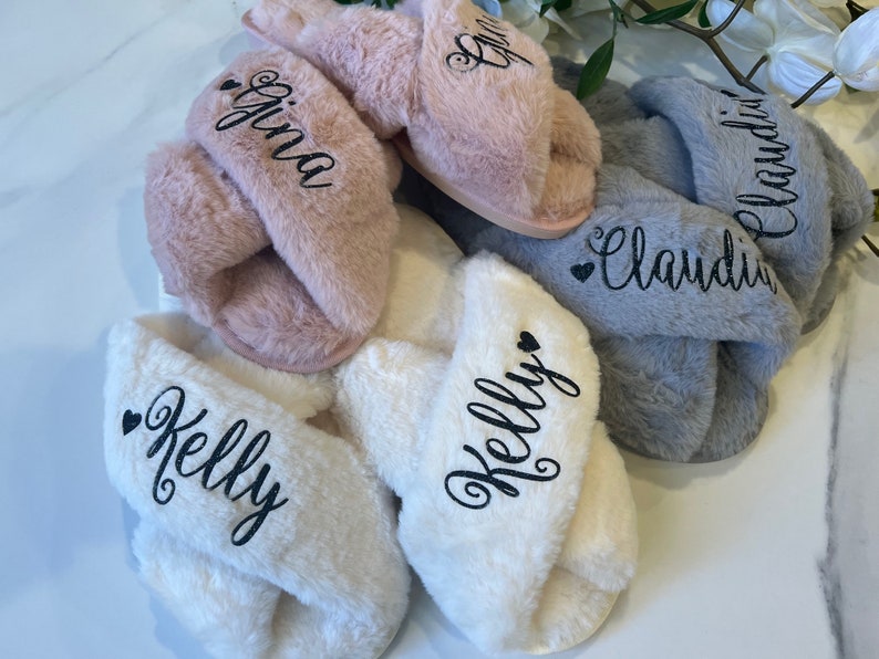 Fluffy Slippers Customized, Bridesmaid Gifts, Personalized Slippers, Bridesmaid Slippers, Soft Slippers, Bridal Party Slippers Personalized image 5