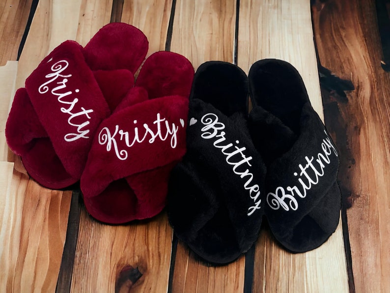 Bridesmaid Gift, Personalized Slippers, Bridal Party Gift, Wedding Fluffy Slippers, Bridesmaid Slippers, Bachelorette Party Slippers image 7