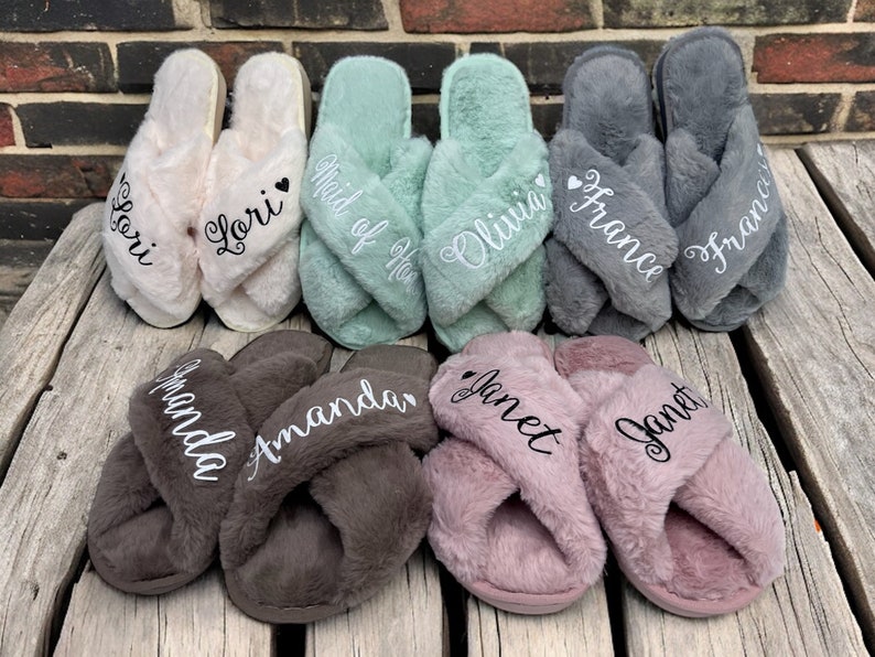 Bridesmaid Gift, Personalized Slippers, Bridal Party Gift, Wedding Fluffy Slippers, Bridesmaid Slippers, Bachelorette Party Slippers image 8