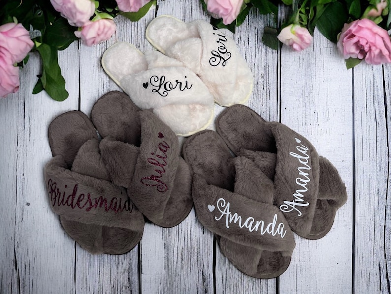 Bridesmaid Gift, Personalized Slippers, Bridal Party Gift, Wedding Fluffy Slippers, Bridesmaid Slippers, Bachelorette Party Slippers image 5