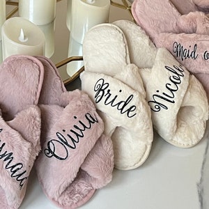 Bridesmaid Gift, Personalized Slippers, Bridal Party Gift, Wedding Fluffy Slippers, Bridesmaid Slippers, Bachelorette Party Slippers image 6