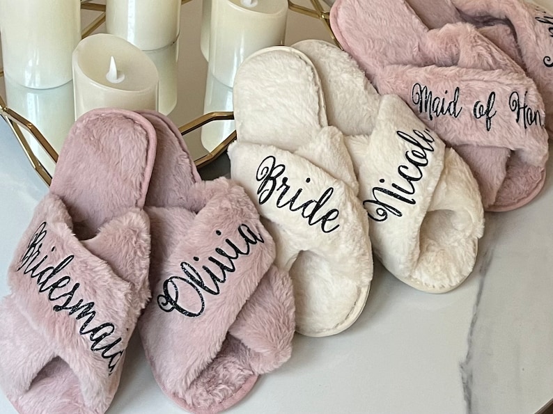 Bridesmaid Gift, Personalized Slippers, Bridal Party Gift, Wedding Fluffy Slippers, Bridesmaid Slippers, Bachelorette Party Slippers image 6