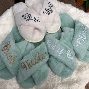 Fluffy Slippers Customized, Bridesmaid Gifts, Personalized Slippers, Bridesmaid Slippers, Soft Slippers, Bridal Party Slippers Personalized image 2