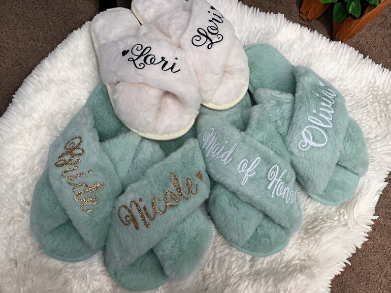 Fluffy Slippers Customized, Bridesmaid Gifts, Personalized Slippers, Bridesmaid Slippers, Soft Slippers, Bridal Party Slippers Personalized image 2