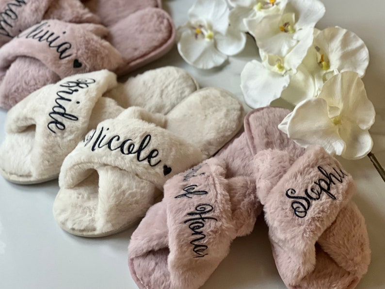 Fluffy Slippers Customized, Bridesmaid Gifts, Personalized Slippers, Bridesmaid Slippers, Soft Slippers, Bridal Party Slippers Personalized image 4