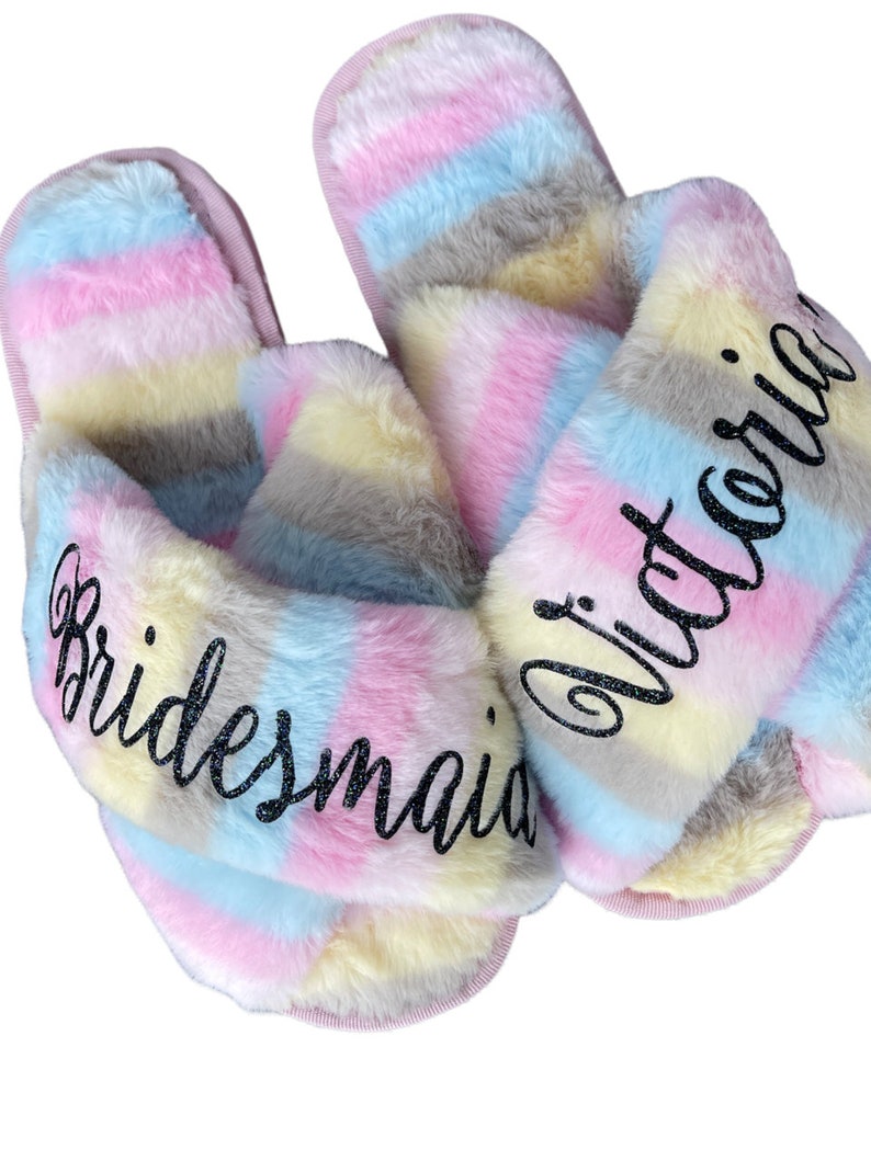 Bridesmaid Gift, Personalized Slippers, Bridal Party Gift, Wedding Fluffy Slippers, Bridesmaid Slippers, Bachelorette Party Slippers image 3