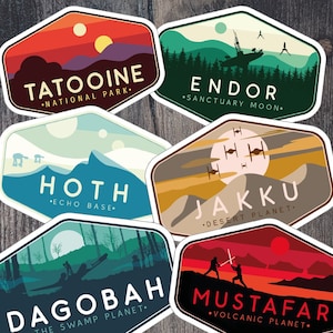 Star Wars Galaxy Stickers, Star Wars Planet Attraction Stickers, Star Wars Locations Stickers, Tatooine, Endor, Kiss Cut, Star Wars Gift