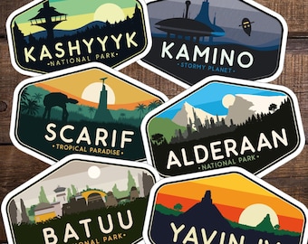 Star Wars Galaxy Stickers, Star Wars Planet Attraction Stickers, Star Wars Locations Stickers, Kashyyyk, Kamino, Kiss Cut, Star Wars Gift