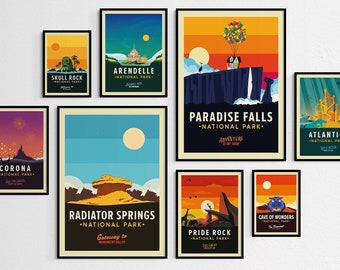 Carteles del Parque Nacional de Disney, carteles de Disney, carteles de ubicaciones de Disney, carteles de viajes de Disney, Paradise Falls, Pride Rock, arte de pared de Disney