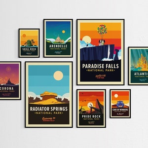 Disney National Park Posters, Disney Posters, Disney Location Posters, Disney Travel Posters, Paradise Falls, Pride Rock, Disney Wall Art