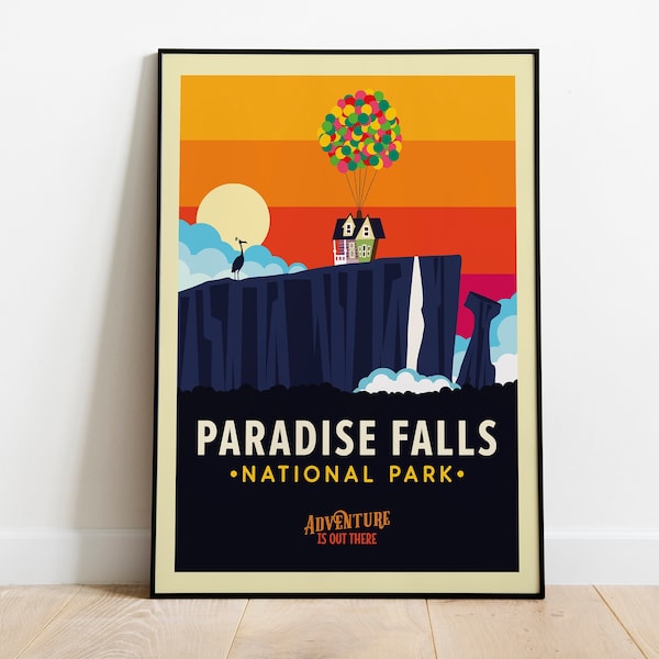 Paradise Falls Travel Poster, Disney UP Poster, Pixar UP Wall Art, UP Movie Art Print, Retro Print, Up Balloon House Poster, Disney Gift