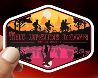 Upside Down Sticker, Retro Horror Town Vinyl Decal, 80s Sci-Fi Inspired Sticker, National Park Badge Style, Water Bottle Laptop Sticker