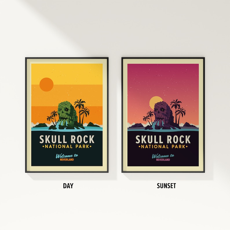 May include: Two retro-style posters with a skull rock island illustration. The left poster has a yellow background with a sun and the text "SKULL ROCK &bull;NATIONAL PARK. Welcome to NEVERLAND DAY". The right poster has a pink background with a sun and the text "SKULL ROCK &bull;NATIONAL PARK. Welcome to NEVERLAND SUNSET".