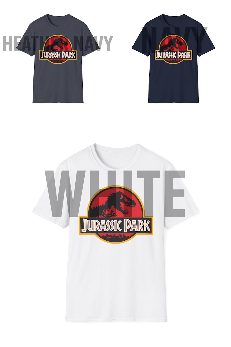 May include: Three t-shirts with the Jurassic Park logo. Two are navy blue and one is white. The logo features a dinosaur silhouette inside a red circle with the words "Jurassic Park" below.