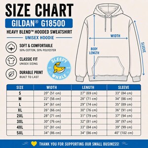 以下が含まれることがあります： Gildan G18500 ユニセックスパーカーのサイズチャート。幅、丈、袖丈の寸法をセンチメートルで示しています。特徴は、柔らかく快適な素材、クラシックフィット、耐久性のあるプリントです。サイズはSから5XLまであります。