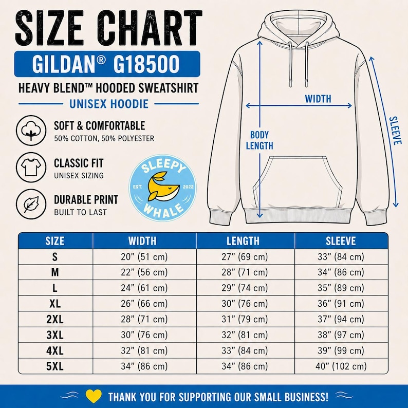 以下が含まれることがあります： Gildan G18500 ユニセックスパーカーのサイズチャート。幅、丈、袖丈の寸法をセンチメートルで示しています。特徴は、柔らかく快適な素材、クラシックフィット、耐久性のあるプリントです。サイズはSから5XLまであります。