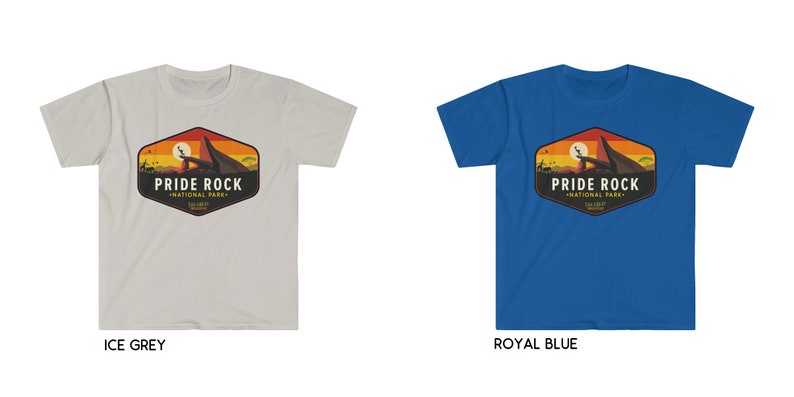 May include: Two t-shirts with a graphic design of a sunset scene with a mountain and the text "Pride Rock National Park" in a vintage style. The t-shirts are available in ice grey and royal blue.