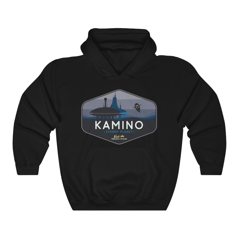 May include: Black hooded sweatshirt with a blue and gray graphic of a city on a planet called Kamino. The text on the graphic reads "Kamino - Stormy Planet -  With an Endless Ocean".