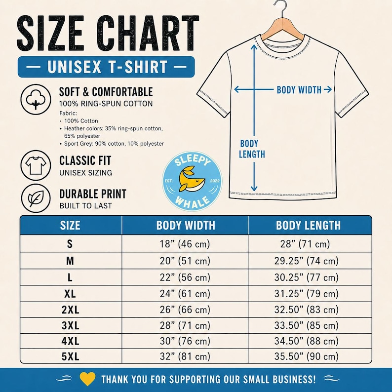 以下が含まれることがあります： ユニセックスTシャツのサイズチャート。身幅と着丈の寸法をcmとインチで表示。サイズはSから5XLまで。生地組成と「Sleepy Whale」のロゴも含まれています。